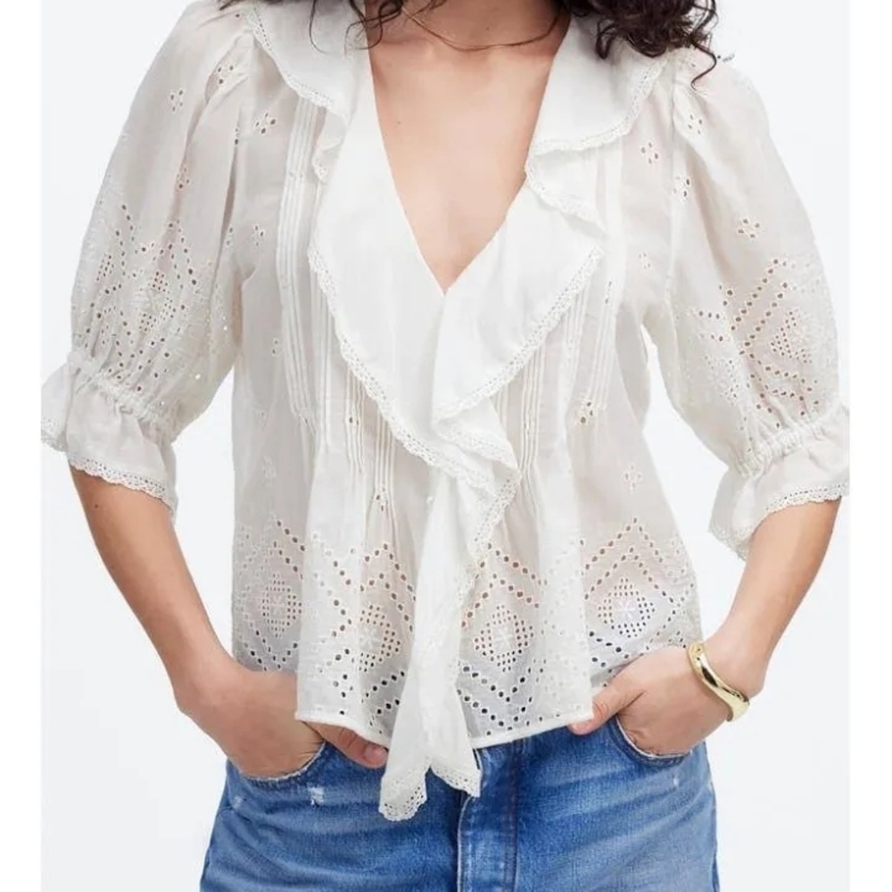 Madewell White Eyelet Ruffled Women's Top, Sz M